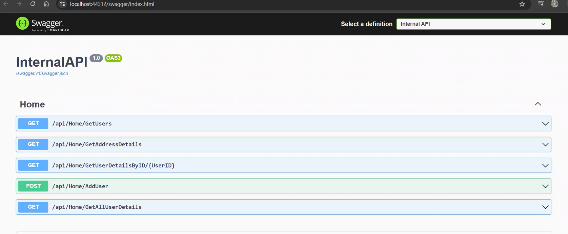 Internal REST API screenshot